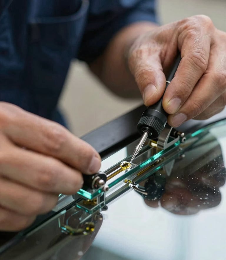 Close-up photography of a professional technician's hands using a specialized glass repair bridge to inject clear resin into a windshield chip. Soft North American daylight reflects off the glass, with hints of dark blue from the technician's uniform.