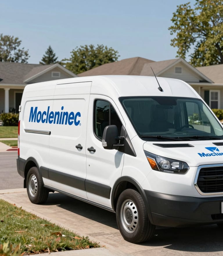 A professional white mobile service van with medium blue branding parked on a sunny North American suburban driveway. The scene is bright and clean, emphasizing convenience and professional service.