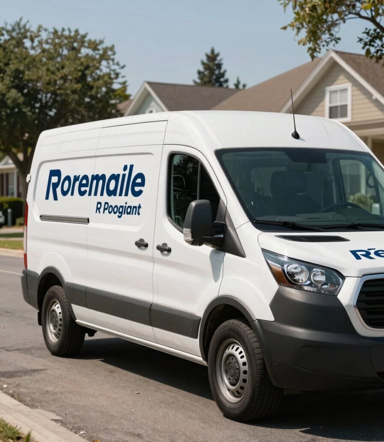 A white service van with professional branding parked on a clean North American suburban street during a sunny day, representing a reliable mobile repair business, off-white and dark navy aesthetic.