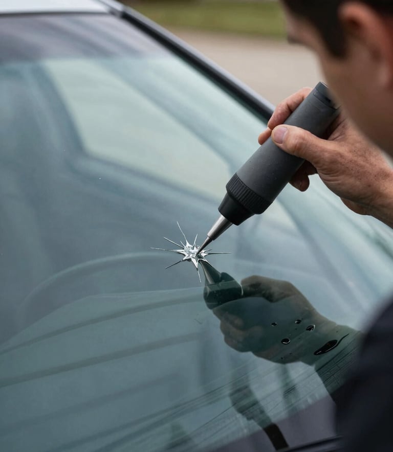 A close-up photograph of a professional technician applying clear resin to a small star-shaped crack on a car windshield using a precision bridge tool, North American driveway setting, daylight, steel blue and light blue reflections on the glass.