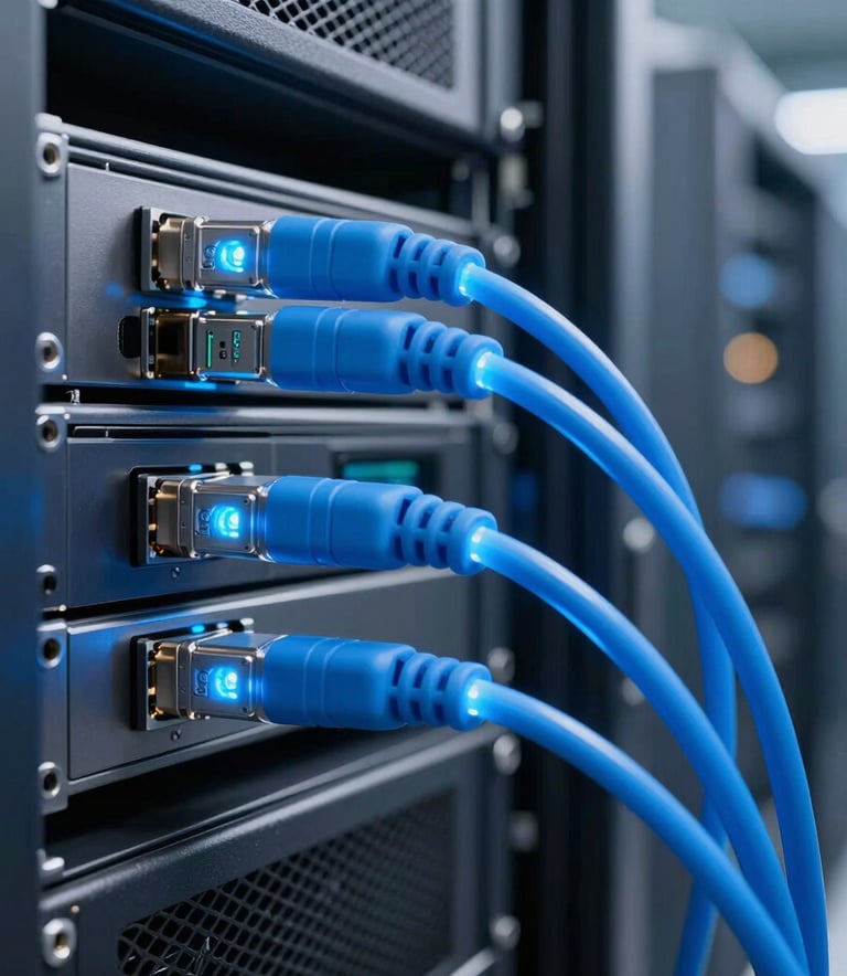 A macro photograph of glowing blue fiber optic cables connected to high-performance servers in a clean, professional South American / Brazilian data center environment, sleek and modern.