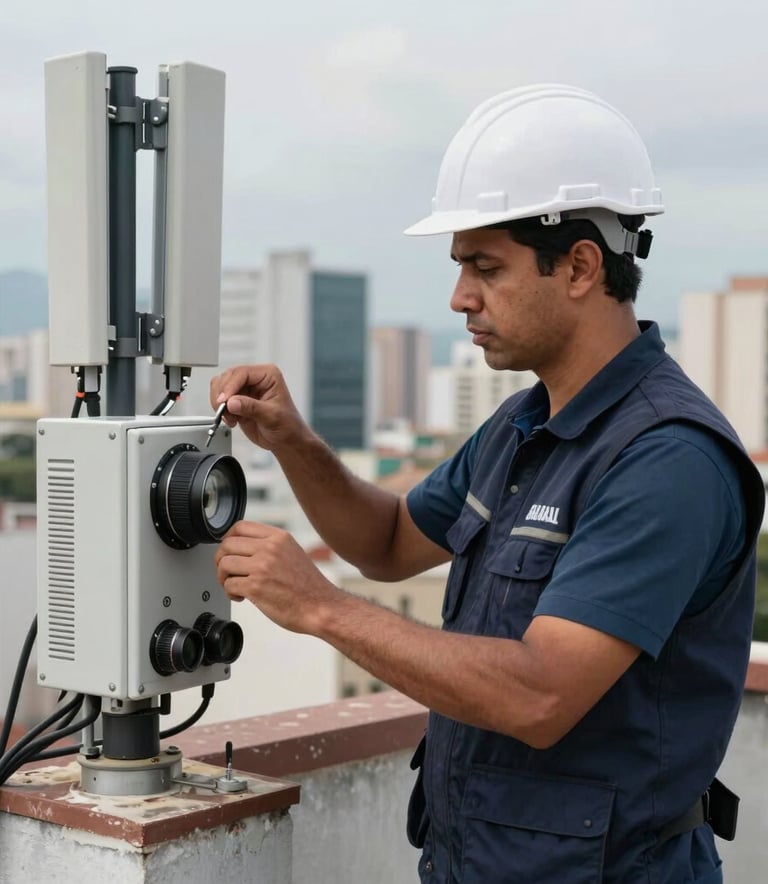 A professional engineer in a South American / Brazilian metropolitan setting wearing a dark blue vest, inspecting telecommunications equipment on a rooftop with a blurred city skyline.