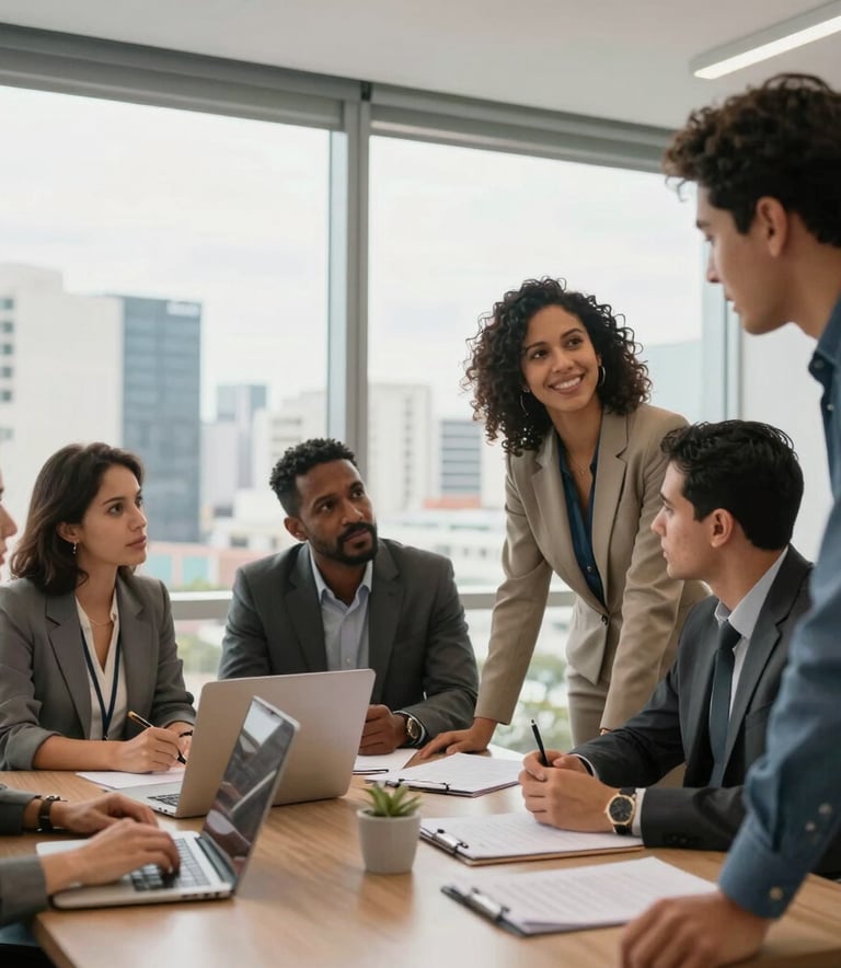 A diverse team of South American professionals collaborating in a bright, modern corporate office in Brazil, with a view of a metropolitan skyline in the background, sharp focus, professional lighting.