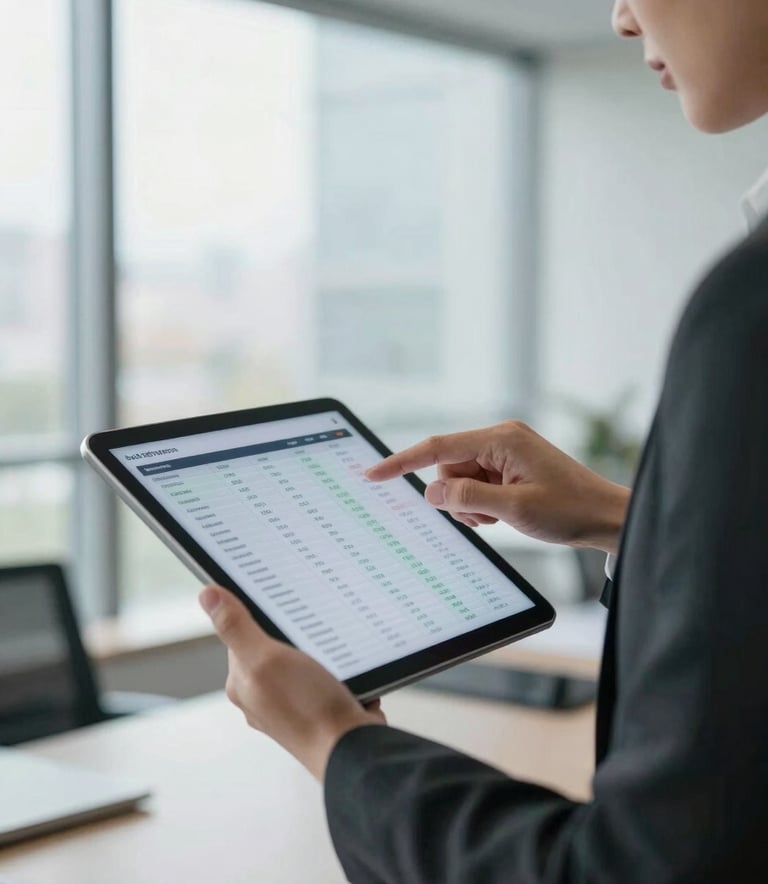 A person in professional business attire reviewing property data on a digital tablet in a bright, modern US office with large windows.