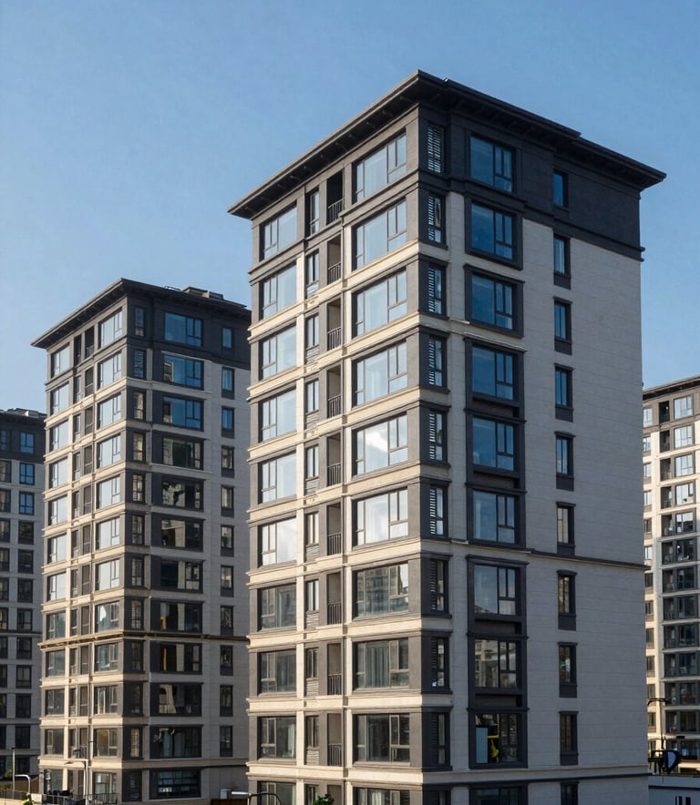 A row of newly constructed, high-end townhouses in a North American urban development under a clear blue sky, crisp professional architectural photography.
