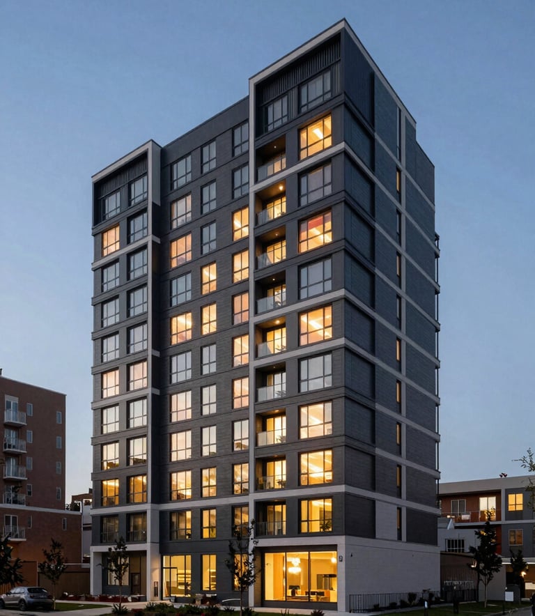 A wide-angle architectural photograph of a sleek, contemporary multi-family residential building in a prime North American suburb. The scene is captured at dusk, with warm light glowing from within and a steel blue sky above.