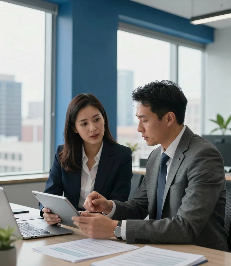 A high-end lifestyle photograph of two professionals in a bright, modern North American office suite. They are discussing investment strategies over a tablet and documents. The room features steel blue accents and large windows looking out onto a clean urban skyline under soft morning light.