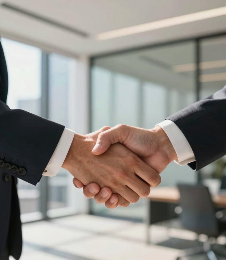 A close-up photograph of a professional handshake between two consultants in a sun-drenched, high-end Melbourne office. The background is soft-focus with clean architectural lines, evoking a sense of trust and established partnership within an Australian corporate setting.