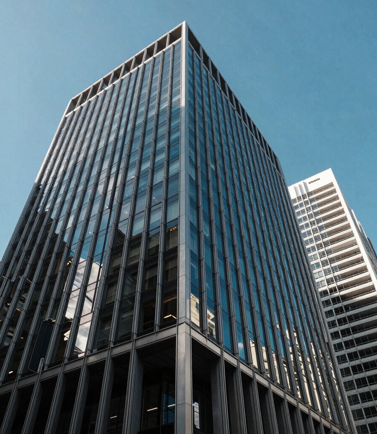 Modern corporate architecture in Sydney, Australia, with clean lines and glass facades reflecting a clear blue sky. The shot is an upward angle, symbolizing growth, professionalism, and high-level expertise.