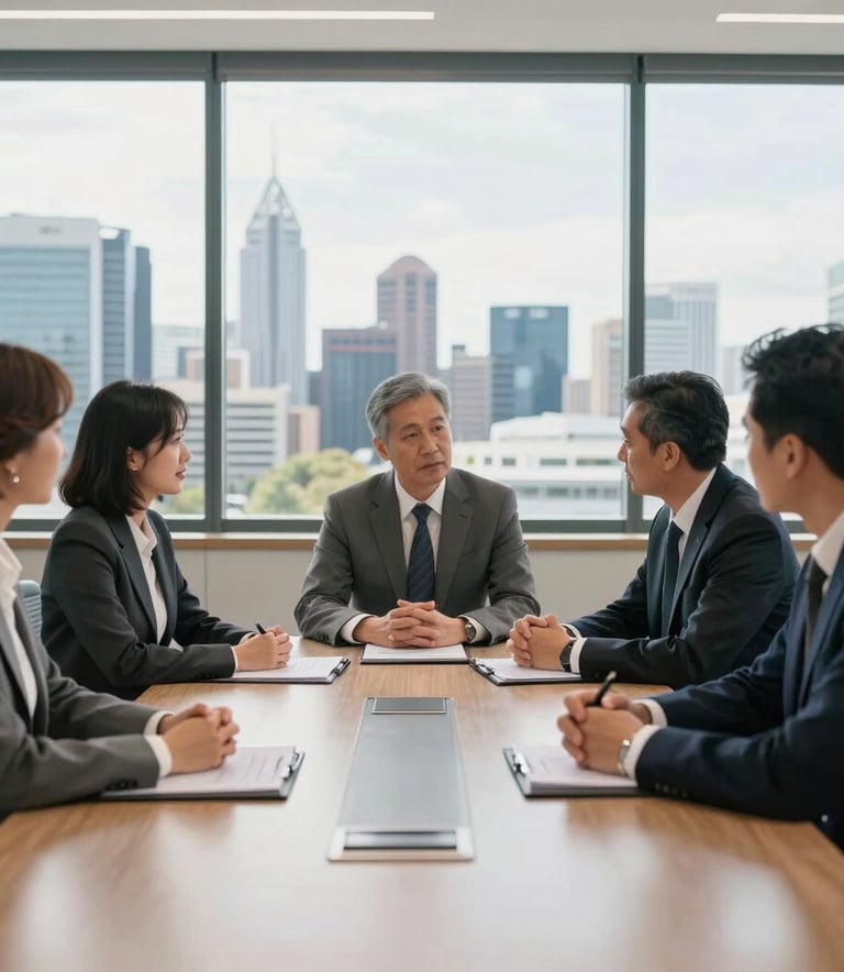 A professional business meeting in a bright, modern Australian boardroom overlooking a city skyline. The composition is clean and sophisticated with natural sunlight, featuring professionals in smart corporate attire engaged in serious discussion, reflecting expertise and trust.