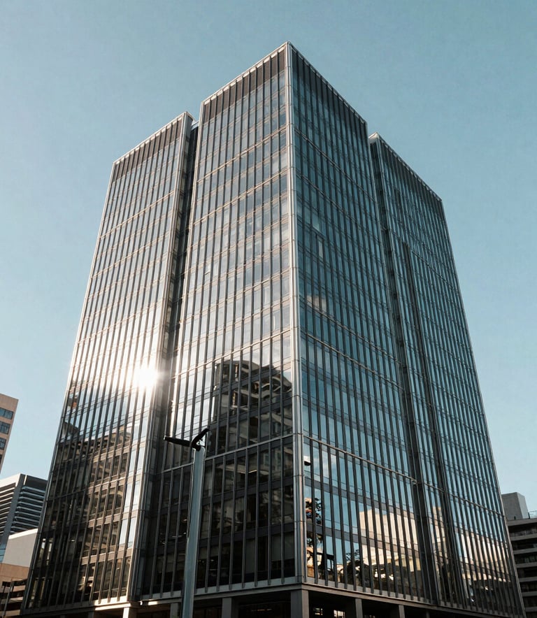Wide shot of a sleek, modern glass office building in a major Australian city. The sky is a clear pale blue, and the bright sunlight reflects off the sophisticated architecture, signifying established professionalism and success.