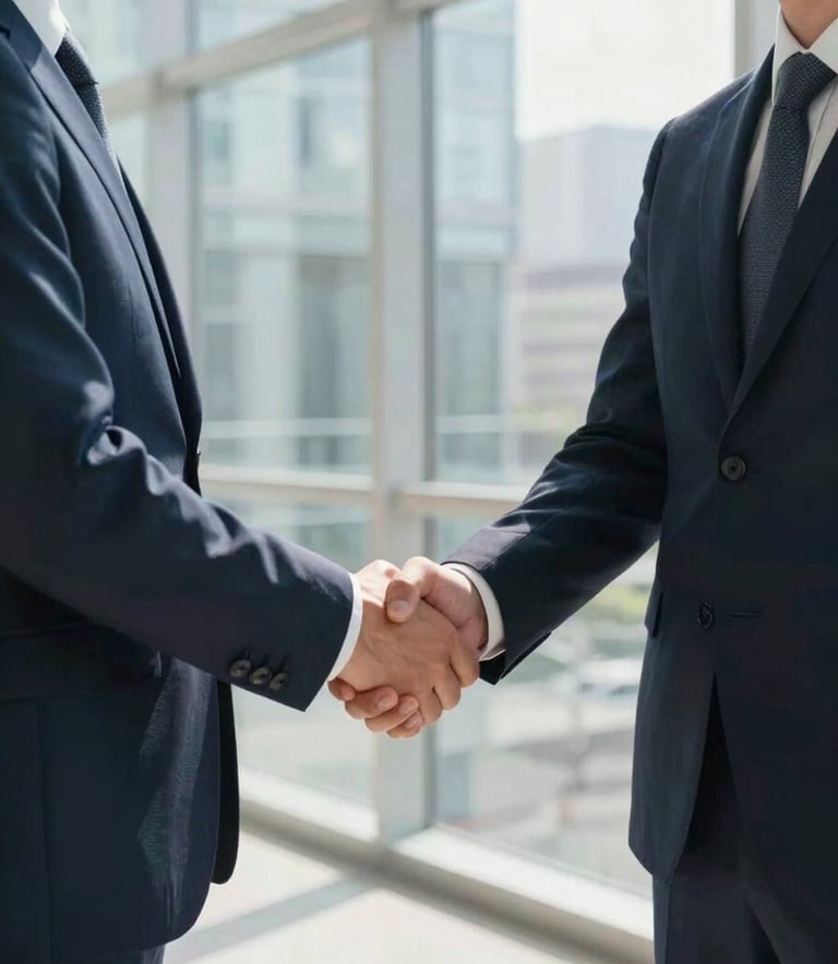 Two professional business partners in dark navy blue suits shaking hands in a modern, sunlit glass office environment, representing trust and corporate partnership.