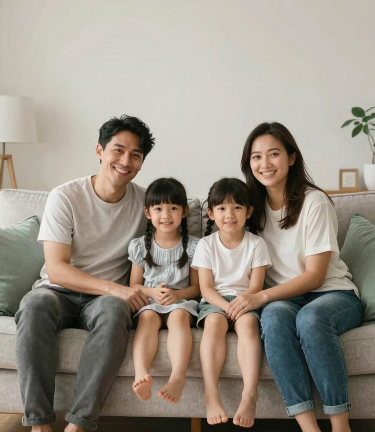 A happy family of four sitting together on a comfortable sofa in a bright living room, with muted sage green decorative pillows and a warm, secure atmosphere.