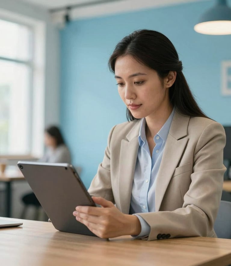 A South American professional in a smart-casual business outfit, using a high-end tablet in a modern coworking space. Bright, airy environment with tech accents in sky blue. Natural lighting, professional corporate photography.