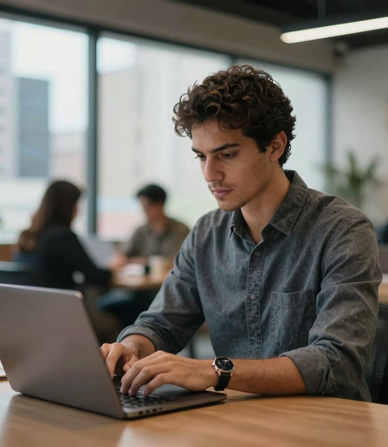 A focused tech professional in business casual attire working on a laptop in a modern Brazilian coworking space, depth of field with blurred city background.