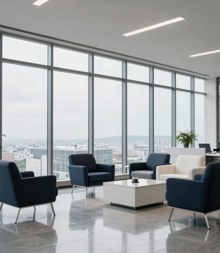 A high-standard South American corporate office interior with floor-to-ceiling windows. Professional atmosphere, soft daylight reflecting on polished floors, elegant furniture in navy and white tones. Photography, wide shot, sharp focus.