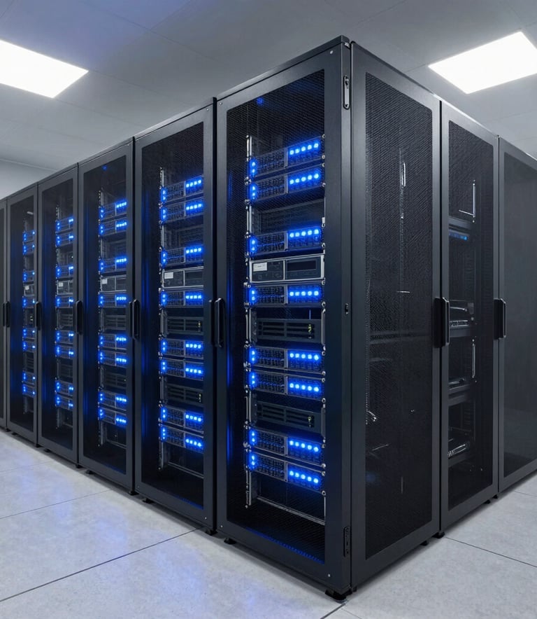 A high-end server room with glowing blue lights on data racks, wide angle photography in a Brazilian enterprise facility, clean and modern atmosphere.