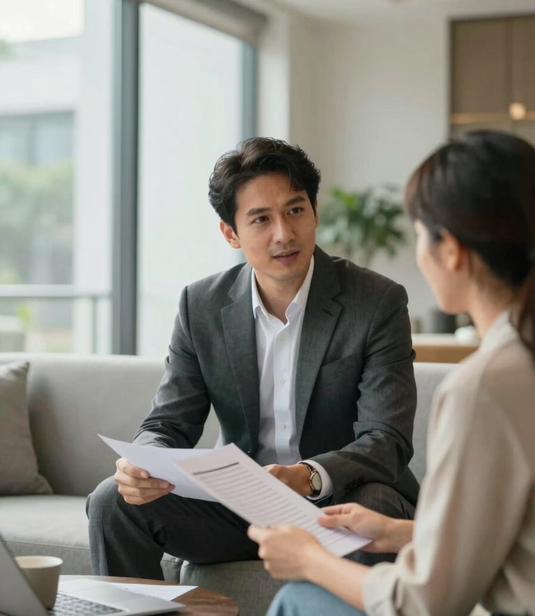 Professional real estate consultant in a sharp suit discussing property plans with a client in a bright, modern Faridabad apartment lounge. Sunlight streams through large windows. The interior features subtle #A9B79B and #F1F4EE tones, exuding approachable authority and trust.