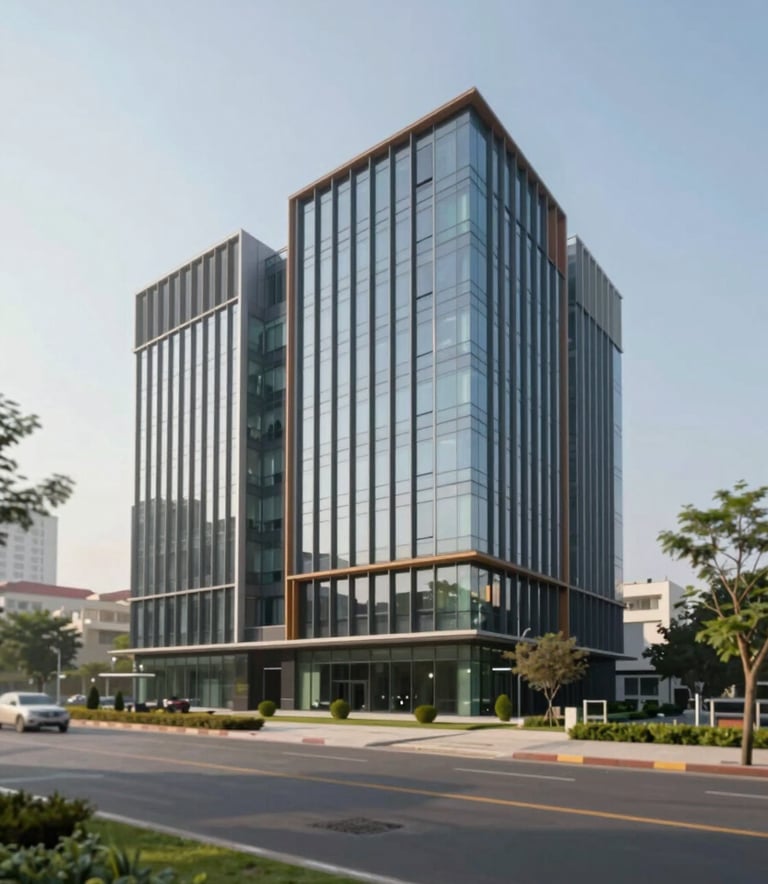 A wide-angle, clean architectural shot of a contemporary commercial building in Faridabad under a clear sky. The design is modern with glass and steel, incorporating #2C3E20 and #5B824E in the surrounding landscaped greenery, conveying stability and reliability.