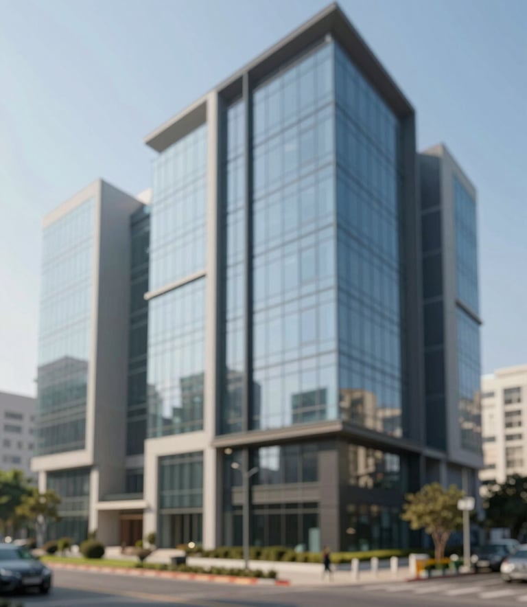 A sleek, modern commercial office complex in Faridabad with large glass windows and architectural detail. The image is captured during the day with clear blue skies, emphasizing a clean and professional business environment. The scene includes hints of soft sage green landscaping and warm stone accents.