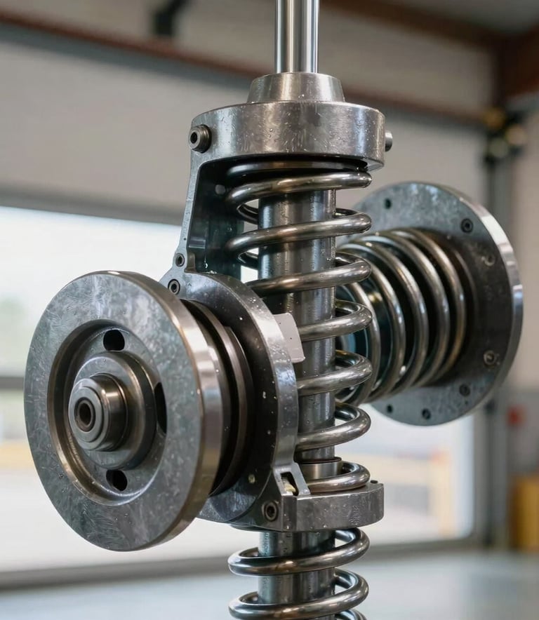 Detailed photography of a heavy-duty steel garage door spring and pulley system, showing high-quality metal textures and expert mechanical assembly, shot in a professional garage setting in the US.
