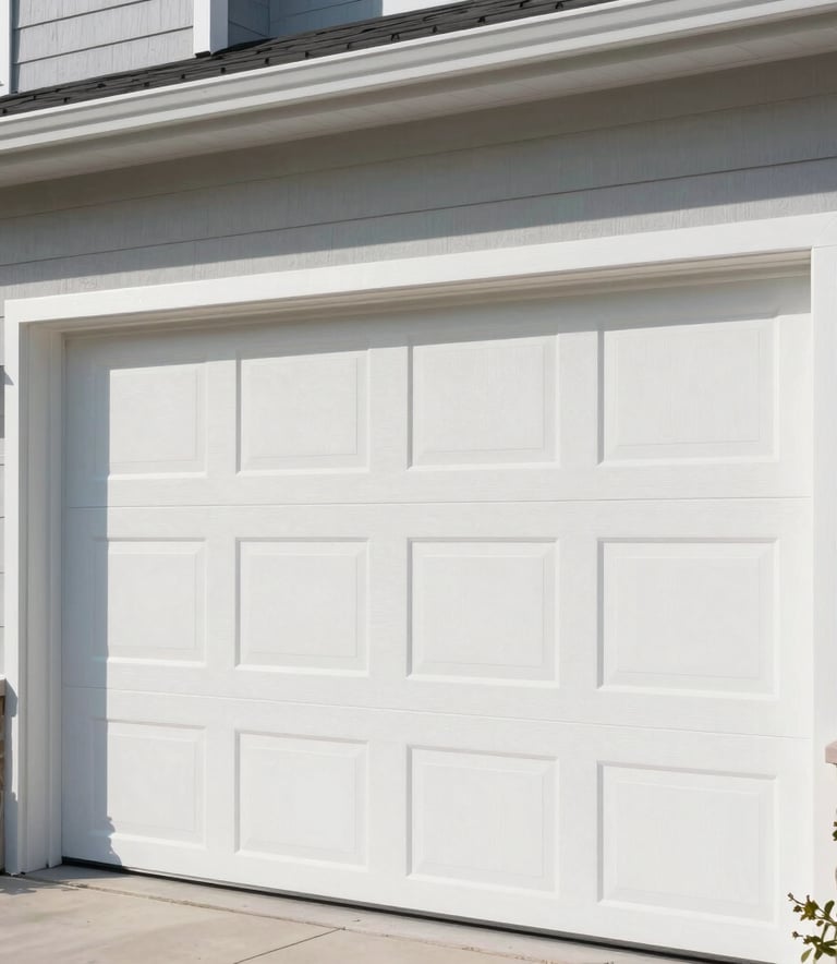 A close-up photograph of a modern, insulated white garage door being installed on a contemporary North American home during a bright, clear day. The focus is on the clean lines and high-quality finish of the panels.