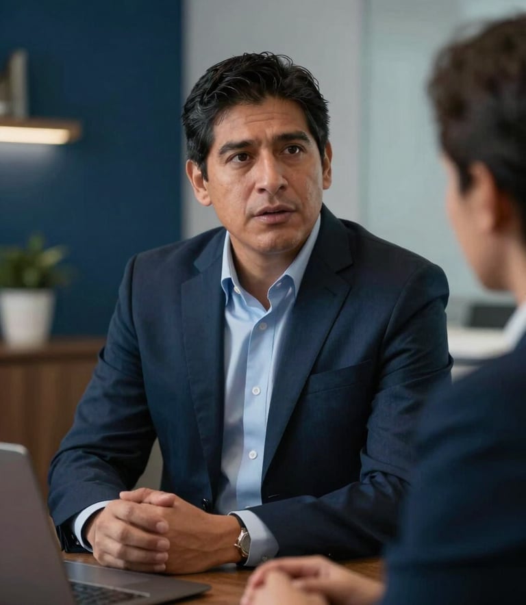 A professional and compassionate funeral advisor in a modern South American / Peruvian office, dressed in a dark suit, speaking calmly. The lighting is soft and supportive, featuring a palette of Deep Midnight Blue and Muted Steel Blue in the interior design.