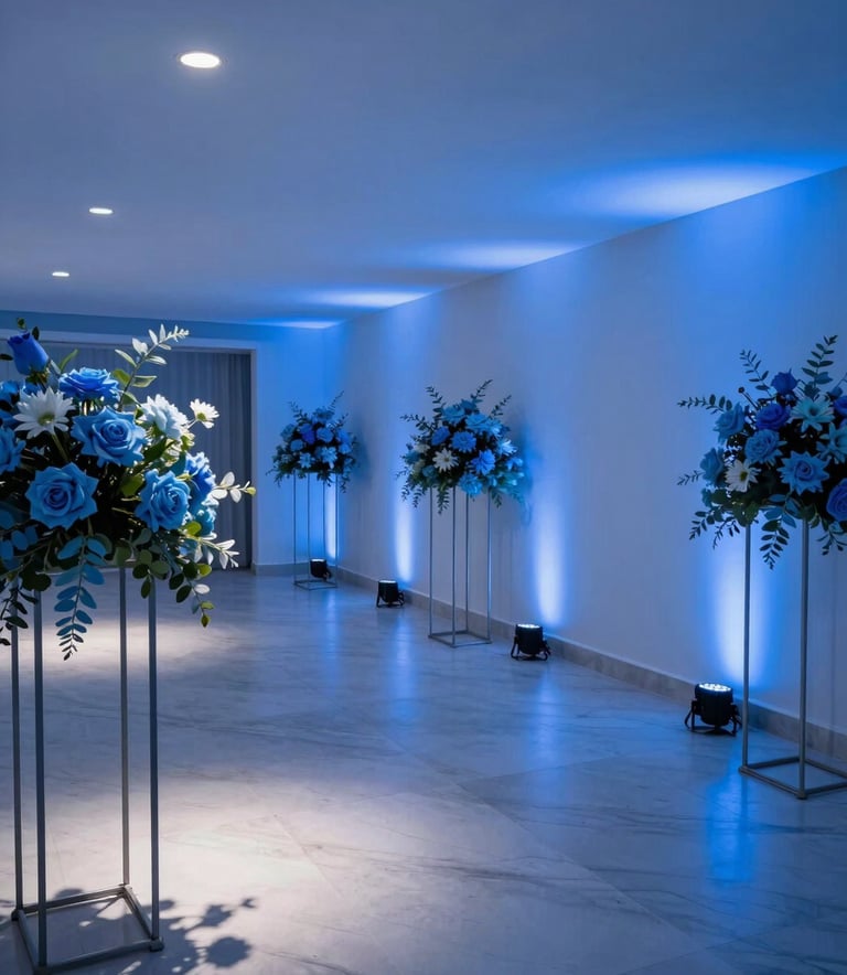 Photography of a peaceful and modern funeral home interior in Peru, with clean architecture and soft deep blue lighting. The composition is wide and elegant, featuring light steel blue floral arrangements on minimalist stands.