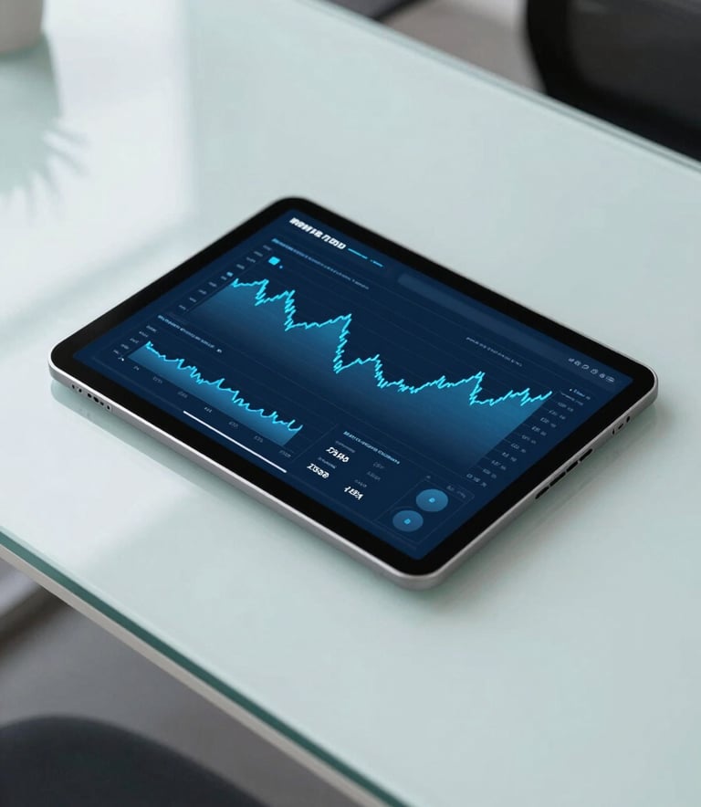 A high-angle shot of a clean, modern glass-topped desk with a digital tablet displaying financial growth charts and blue data visualizations. The lighting is bright and professional, incorporating subtle #21598B and #F0F8F8 tones in the office environment.