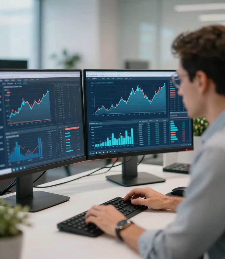 A high-tech workspace featuring a financial professional analyzing data on multiple clean monitors. The interface shows strategic growth charts. The aesthetic is sleek and professional, incorporating a color palette of #0F1E2E and #7AB2B2 in the digital displays and office decor.