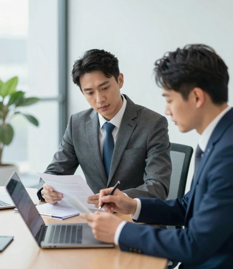 A professional business meeting in a bright, modern corporate boardroom. Two consultants are reviewing documents and a laptop, exuding confidence and professionalism. The scene is lit with clean, natural light. Subtle accents of #21598B and #0F1E2E are present in the professional attire and modern furniture.