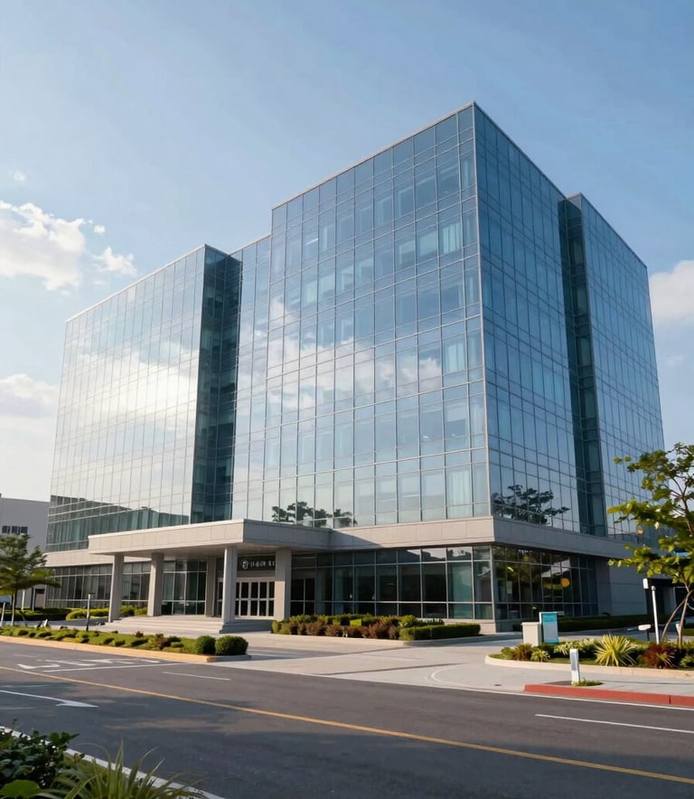 The exterior of a state-of-the-art North American medical facility featuring modern glass architecture, reflecting a clear sky, surrounded by clean landscaping.
