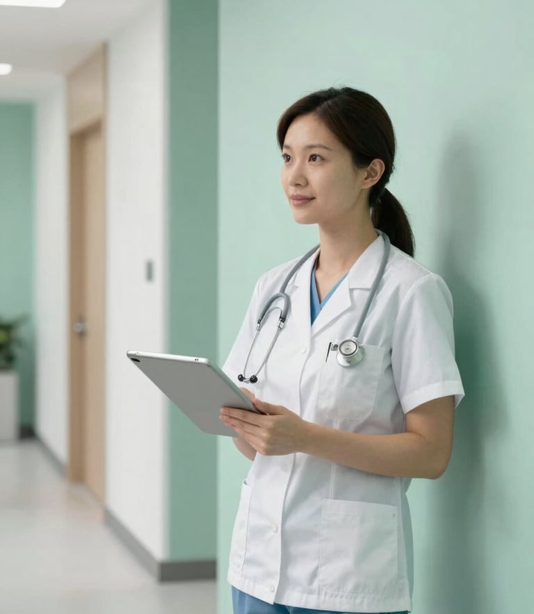 A professional healthcare consultant standing in a modern North American clinic corridor, holding a digital tablet, clean minimalist interior with seafoam green and white walls, bright natural lighting.
