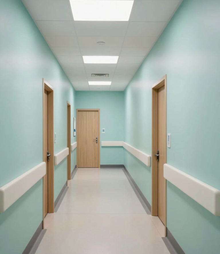 A professional medical office hallway in a modern North American hospital, featuring clean lines, soft lighting with light aqua and pale mint accents, and high-quality architectural photography style.