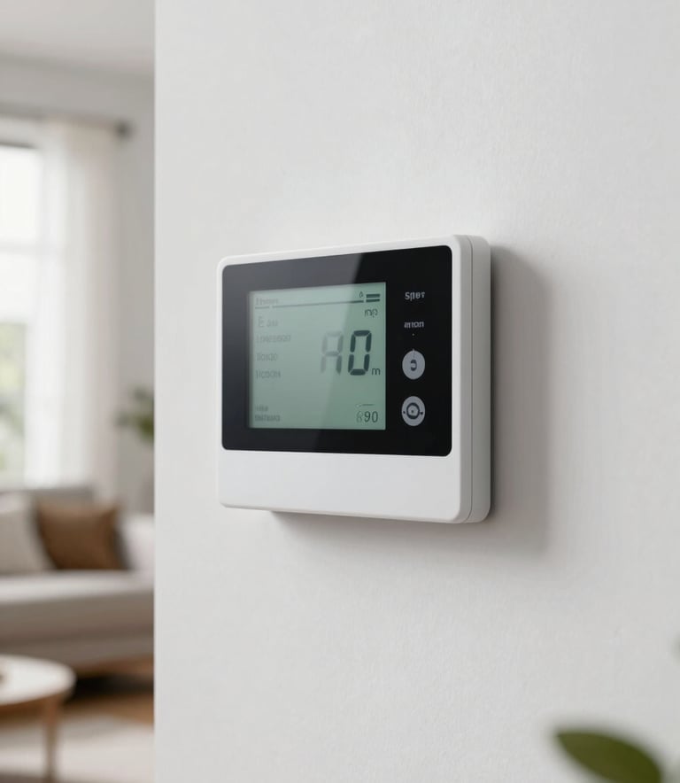 A modern, sleek digital thermostat mounted on a clean, soft-white wall inside a North American / US living room. The lighting is soft and natural, emphasizing efficiency and modern HVAC technology.