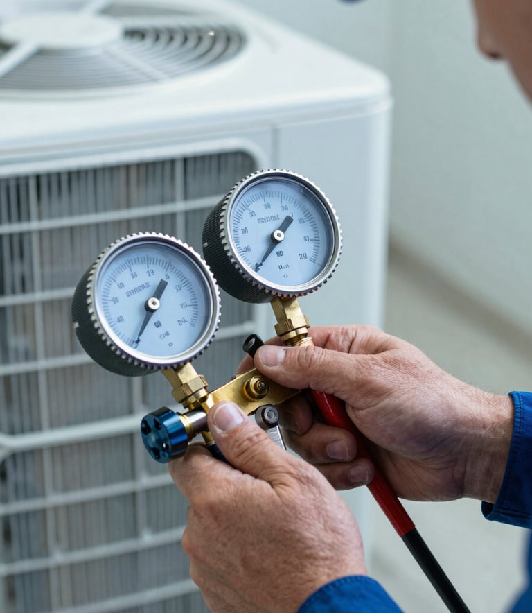 A close-up photograph of a professional technician's hands using a gauge to check the pressure of an HVAC unit in a North American / US residential setting. The scene uses Steel Blue and Powder Blue tones, reflecting unwavering professionalism and expertise.
