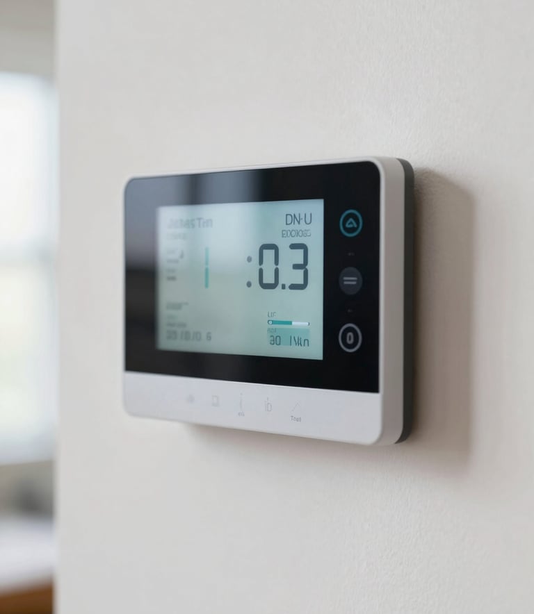 Close-up photography of a modern digital smart thermostat mounted on a clean pale frost white wall in a North American / US residence. Soft, natural morning light reflecting off the screen, conveying efficiency and modern tech.