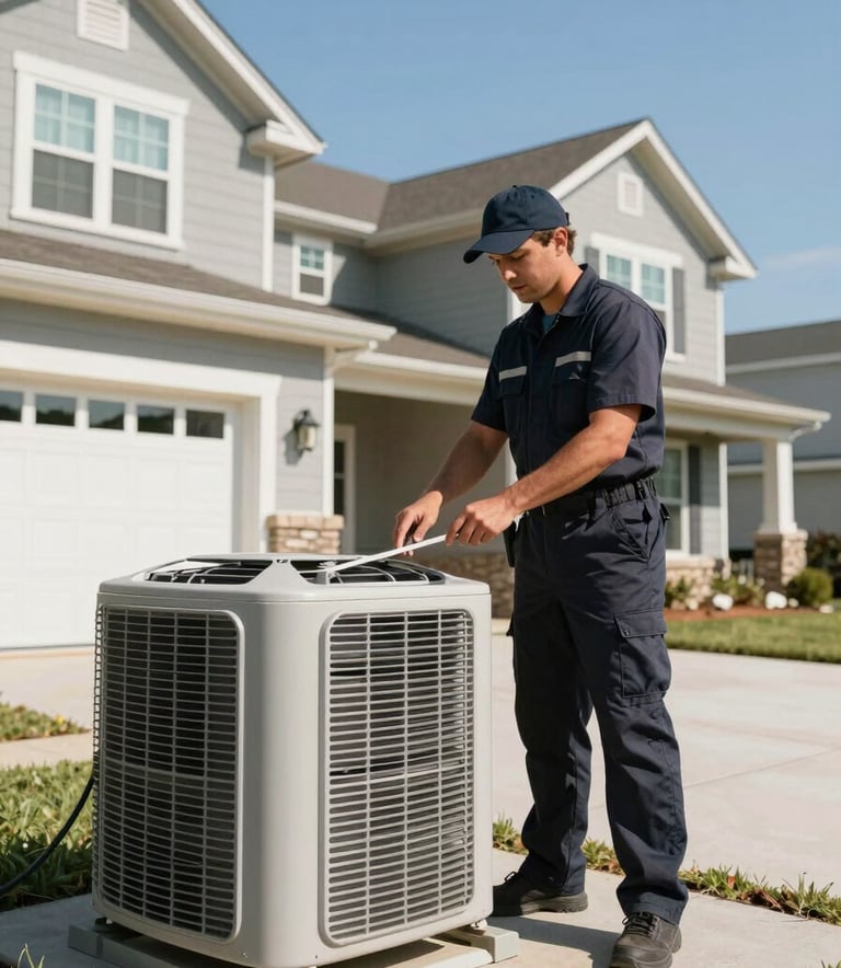 Wide-angle photography of a professional HVAC technician in a clean dark slate navy uniform inspecting a high-end external AC unit outside a modern North American / US suburban home. Clear blue sky, clean and professional atmosphere.