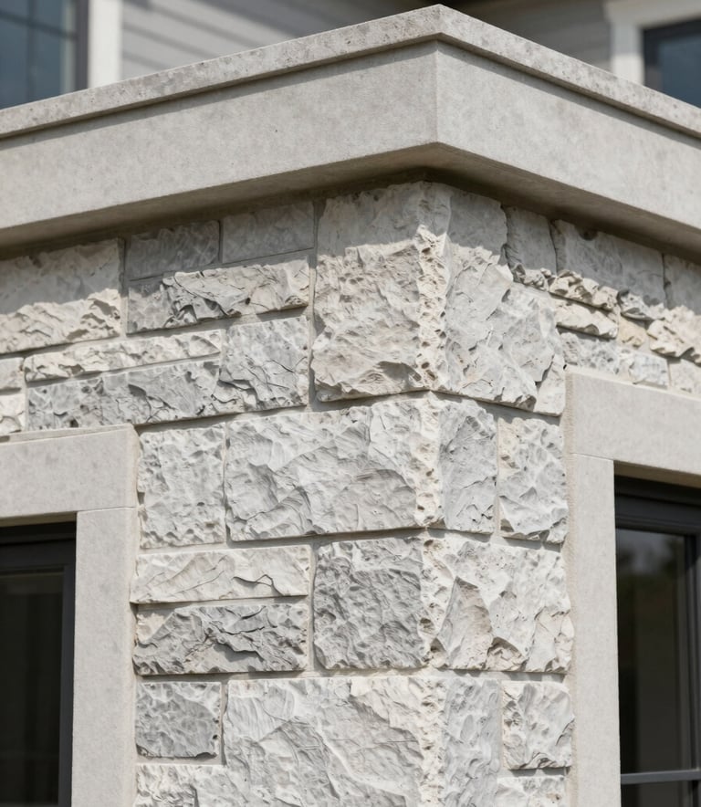 A close-up photograph of high-quality modern masonry work on a North American luxury home, showcasing precise stone placement and clean lines under bright natural daylight.