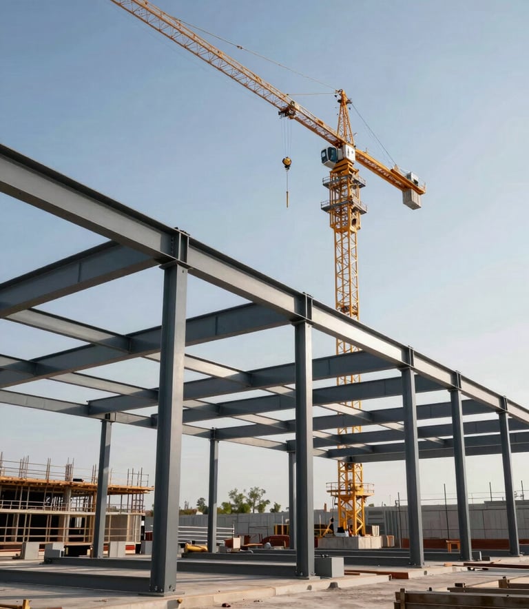 A professional wide-angle photograph of a modern commercial construction project in progress in a North American setting. Steel beams and a towering crane are visible against a crisp, clear sky. The site is impeccably organized, exuding strength and precision.