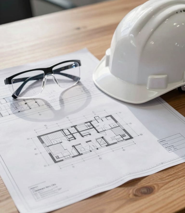 A close-up photograph of architectural blueprints spread across a clean wooden table in a North American professional office. A white hard hat and a pair of professional safety glasses sit beside the documents. The lighting is bright and natural, reflecting a clean, sophisticated atmosphere.