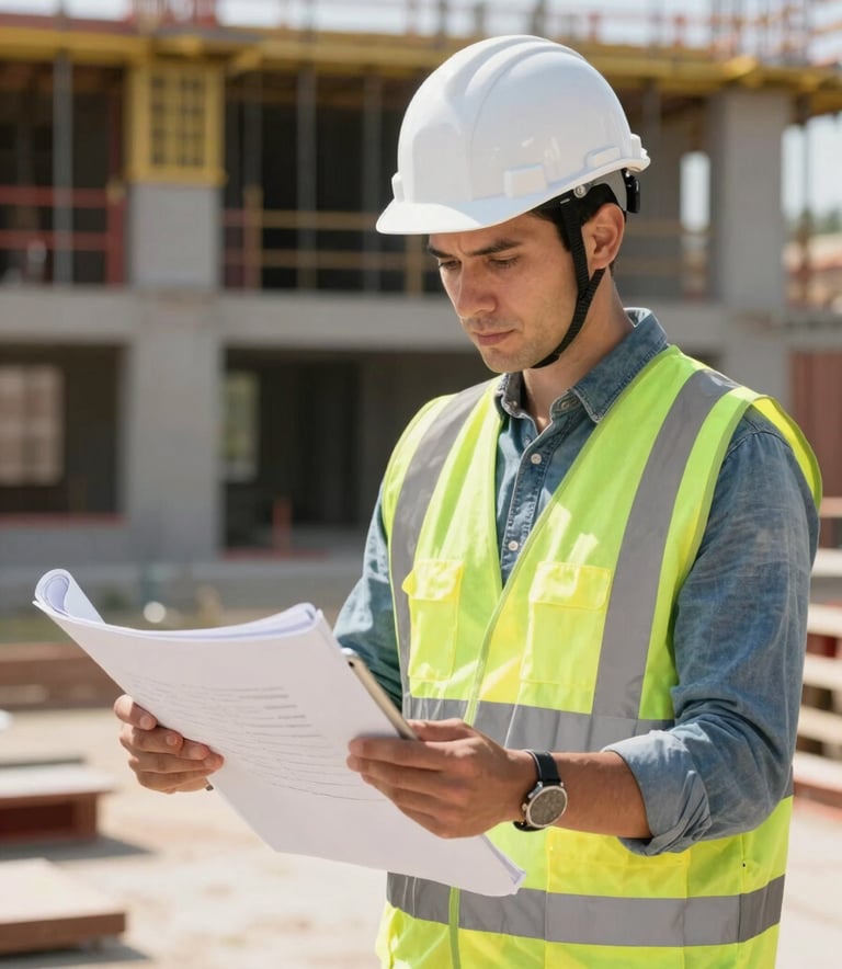 A professional construction project manager in a white hard hat and safety vest reviewing blueprints on a tablet at a sunny North American building site.