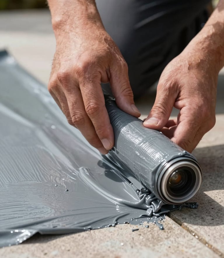 A close-up shot of professional hands applying a thick, grey waterproofing membrane to a terrace corner, demonstrating precision and quality materials.