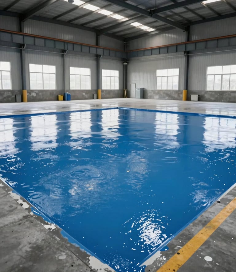 A wide-angle professional photograph of a large industrial warehouse floor being treated with a chemical resistant, steel blue liquid coating. The space is bright and reflects an atmosphere of high-quality industrial maintenance.