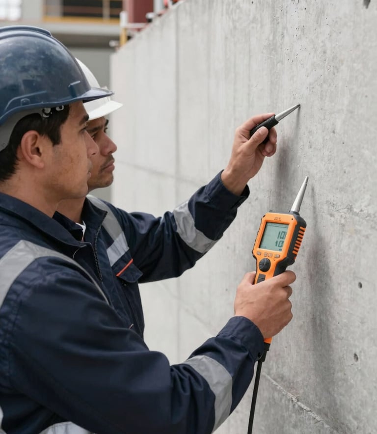 A close-up shot of two professional engineers in dark navy and slate blue safety gear inspecting a commercial building foundation. They are holding professional diagnostic tools against a pale mist grey concrete wall.