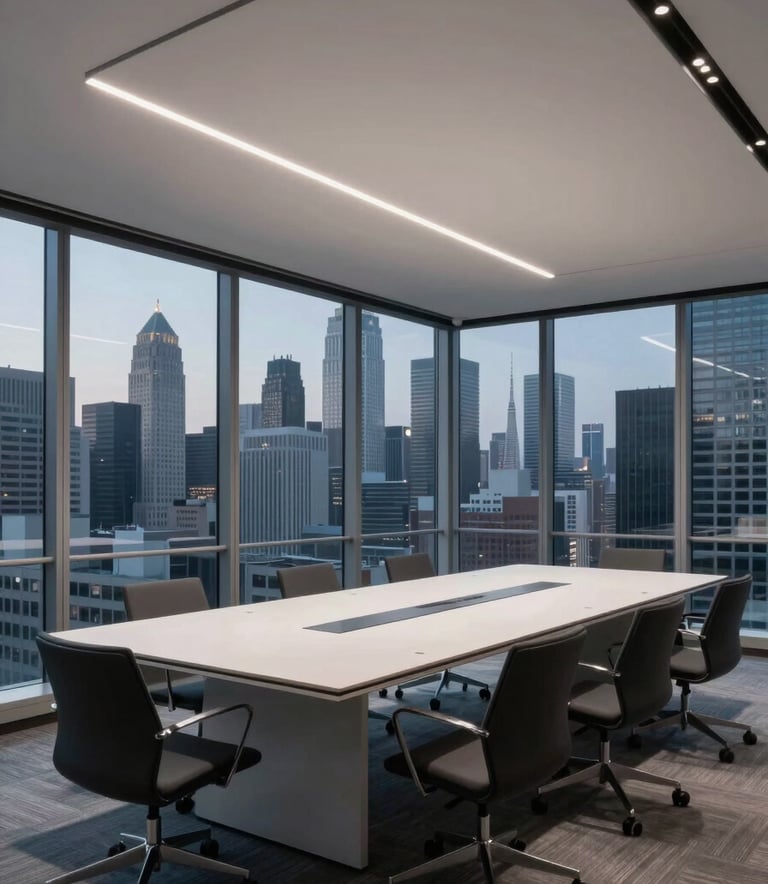 A wide-angle shot of a minimalist, tech-focused conference room in a North American / US skyscraper, floor-to-ceiling windows showing an urban skyline at dusk, interior lighting is Muted Blue-Grey and Off-White.