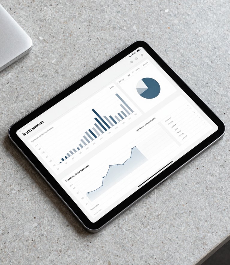 A clean, analytical top-down photograph of a tablet displaying a professional data dashboard with minimalist lines and graphs. The surrounding surface is a light grey polished stone in a North American office setting, emphasizing precision.