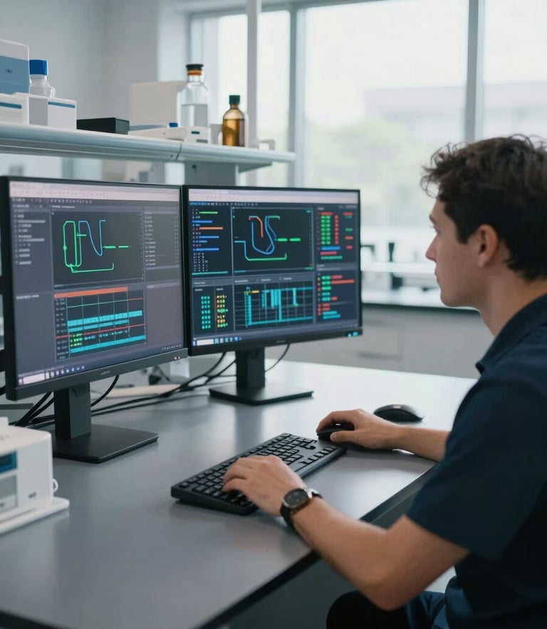A clean, bright North American / US lab setting where a professional is monitoring complex data on high-resolution screens, sleek Charcoal desk, diffused natural daylight through large windows.