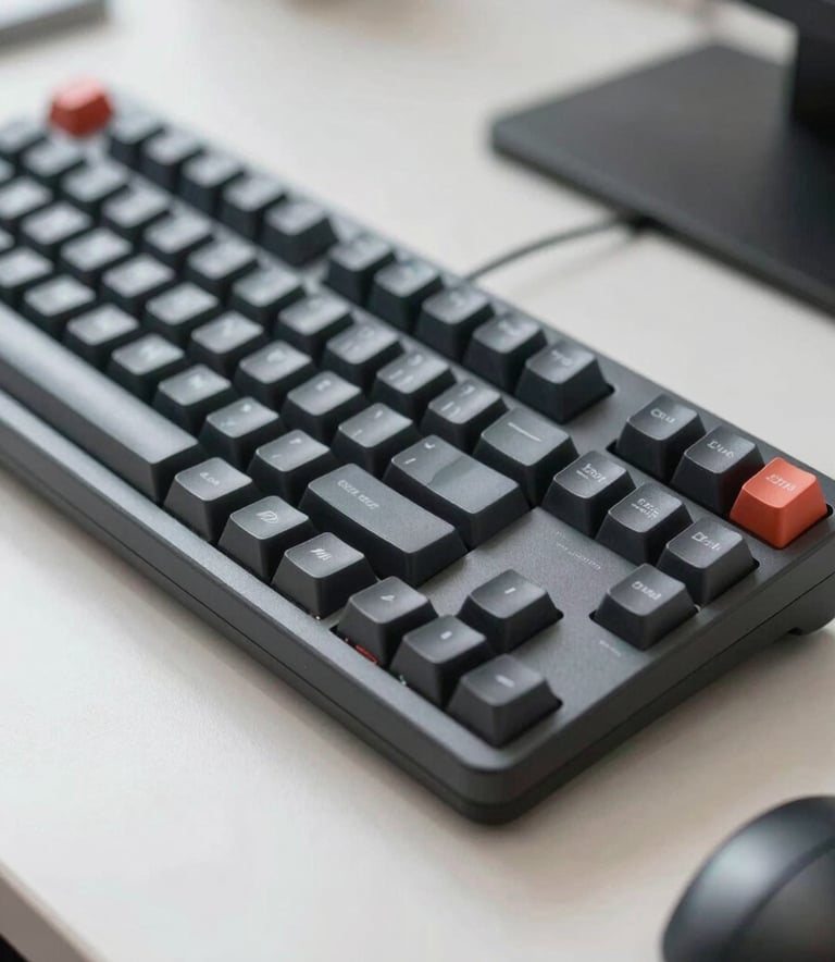 A professional close-up photograph of a modern mechanical keyboard and a clean desk in a North American office. Sharp focus, soft natural light, conveying a sense of precision and professional software testing.