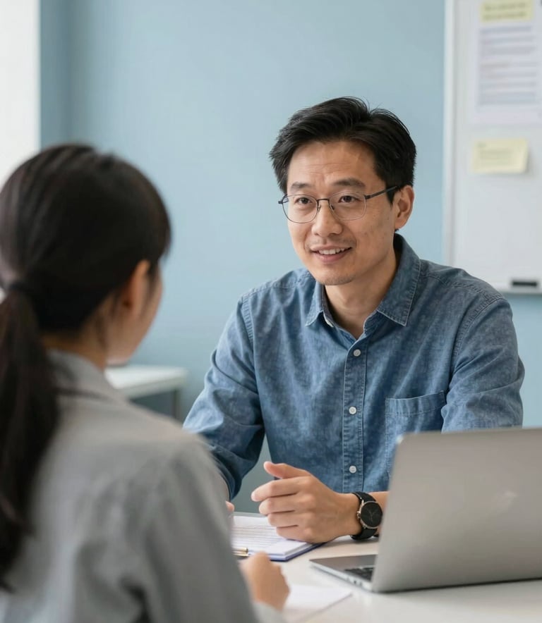 A professional mentor sharing insights with a young adult in a North American / US educational office, soft slate blue color palette, bright and welcoming mood.